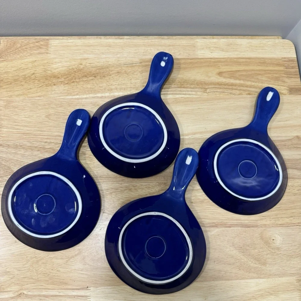 Vintage Cobalt Blue Fish Plates Set of 4 Handled Ceramic Nautical Coastal Dishes
